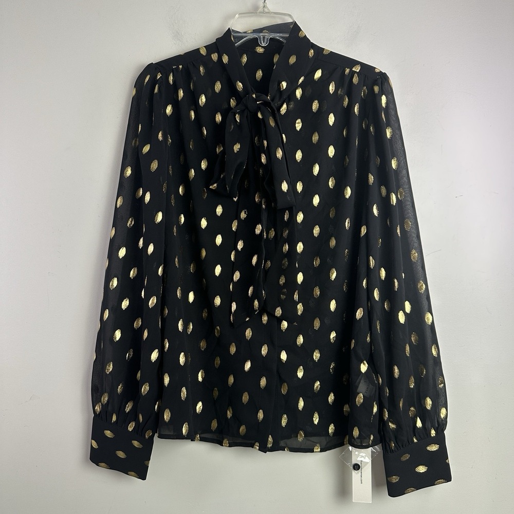 Commense Black Gold Top Polka Dot Neck Bow Semi Sheer Blouse Button Size L NWT